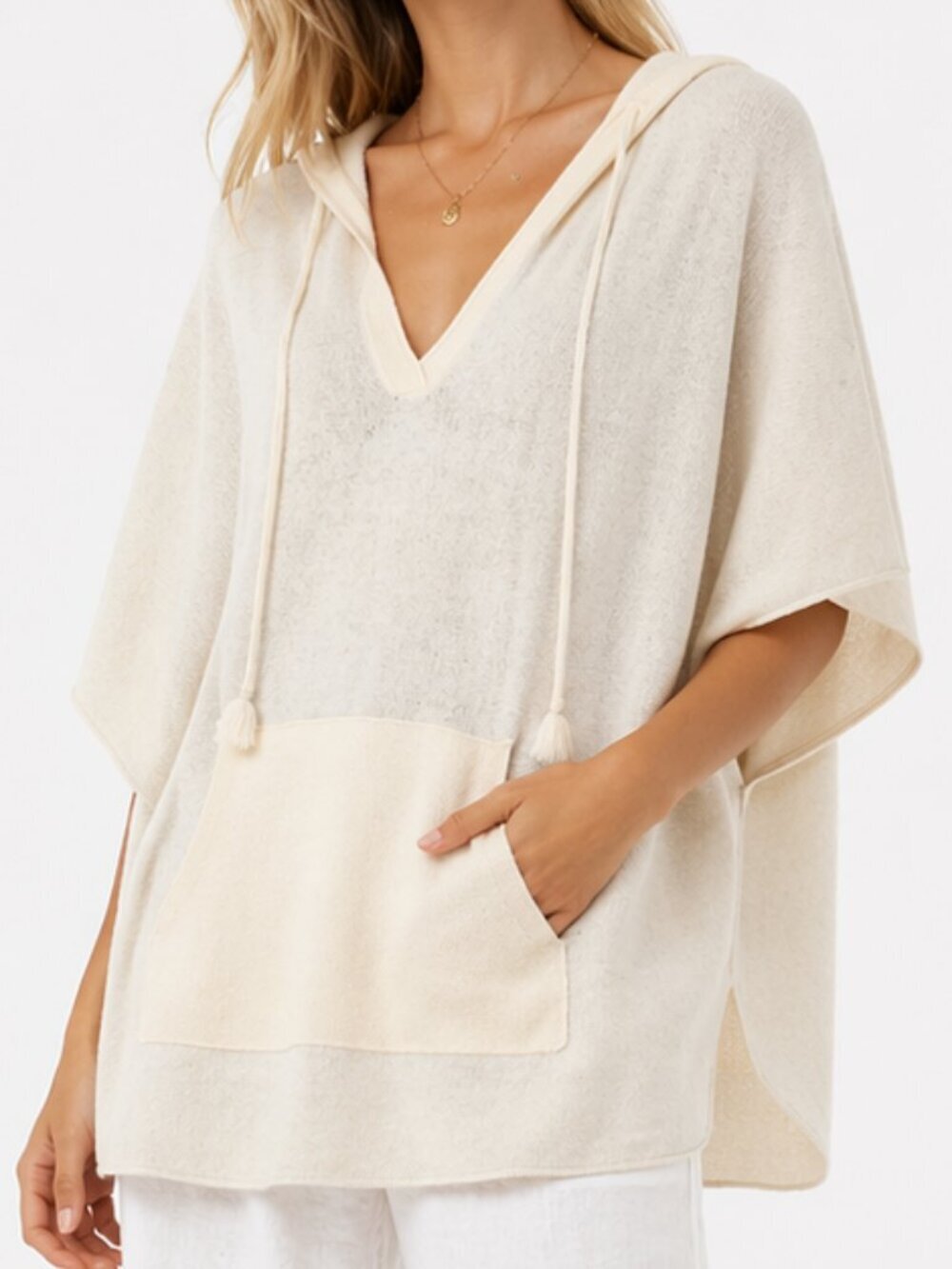 WHITE + WARREN 100% Cashmere Ivory Hooded Poncho Sweater M/L